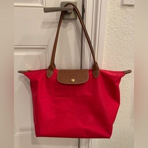 Longchamp Le Pliage Classic Tote Bag • Red w/ leather trim • Large nylon handbag